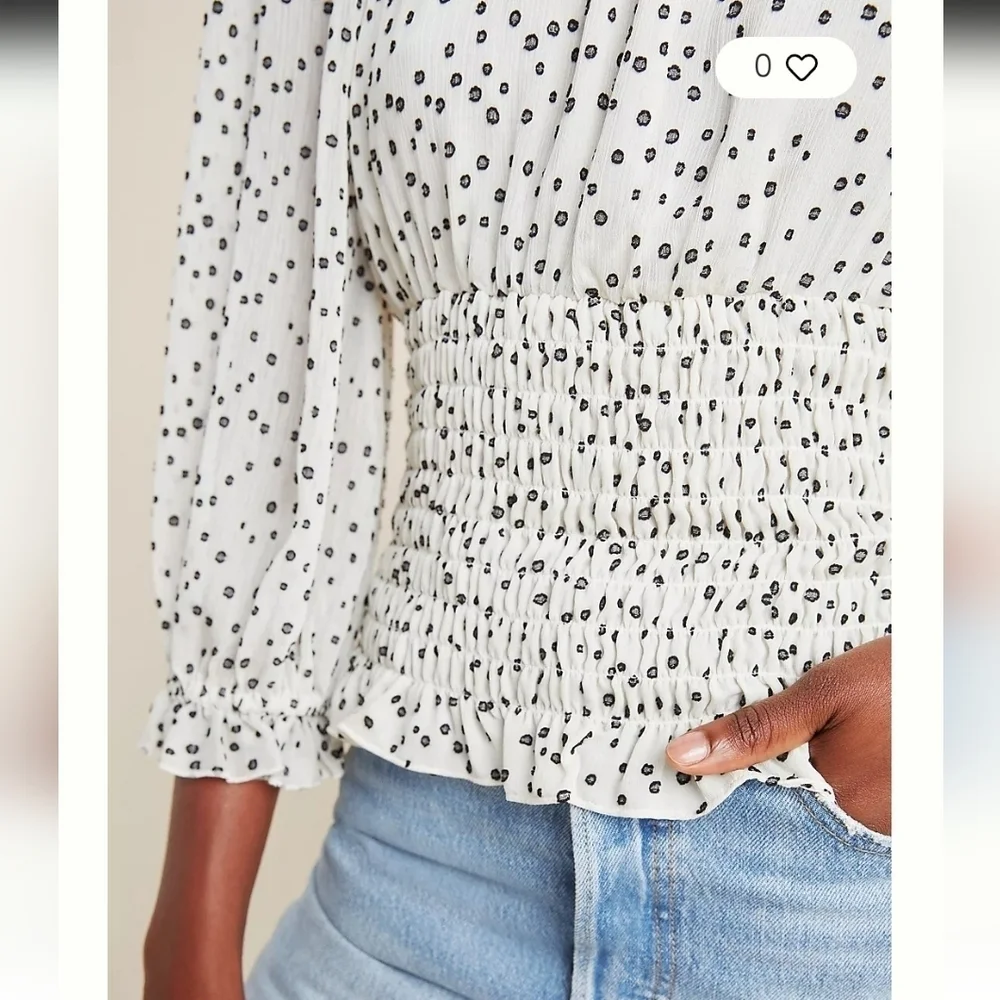 By Anthropologie Lucia Off the Shoulder Smocked Blouse White Polka Dot Large - Picture 8 of 16